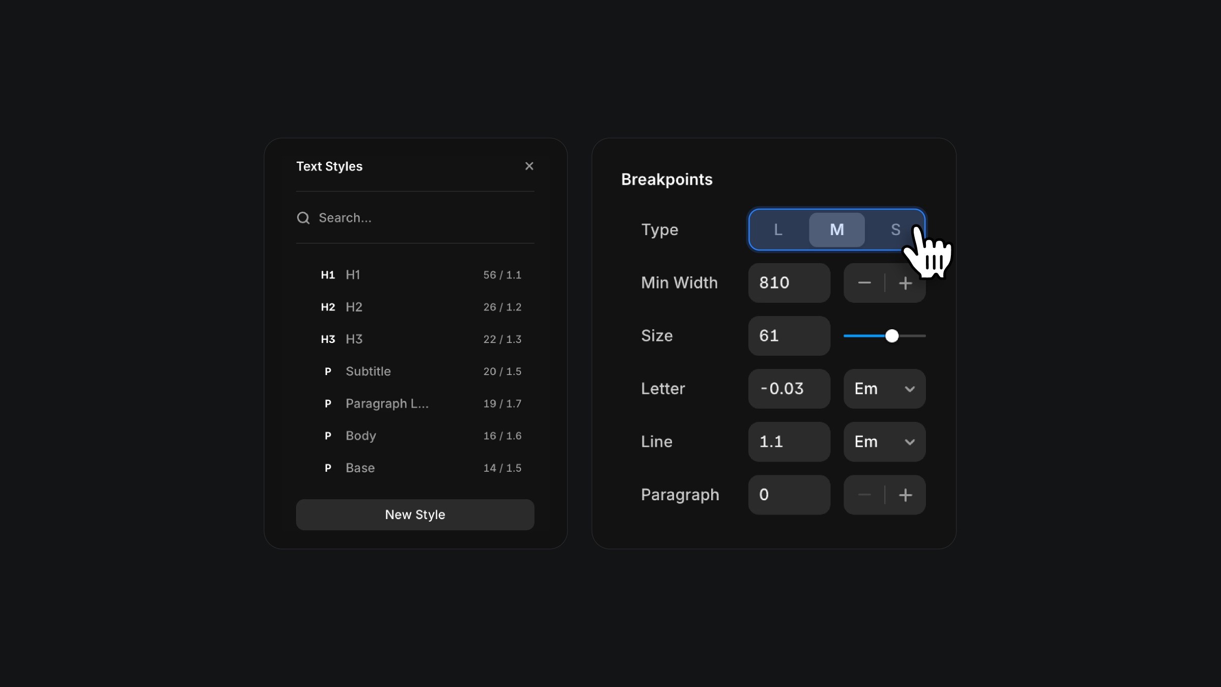 User interface for managing text styles and responsive breakpoints with options for size, spacing, and width adjustments