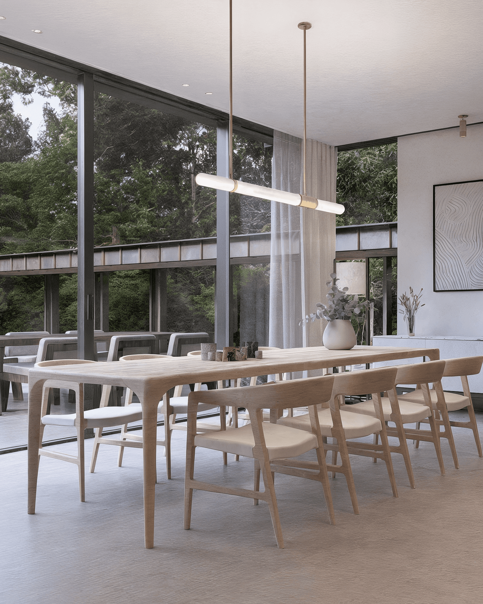 Moderne eetkamer met grote glasgevel in villa Grayhouse