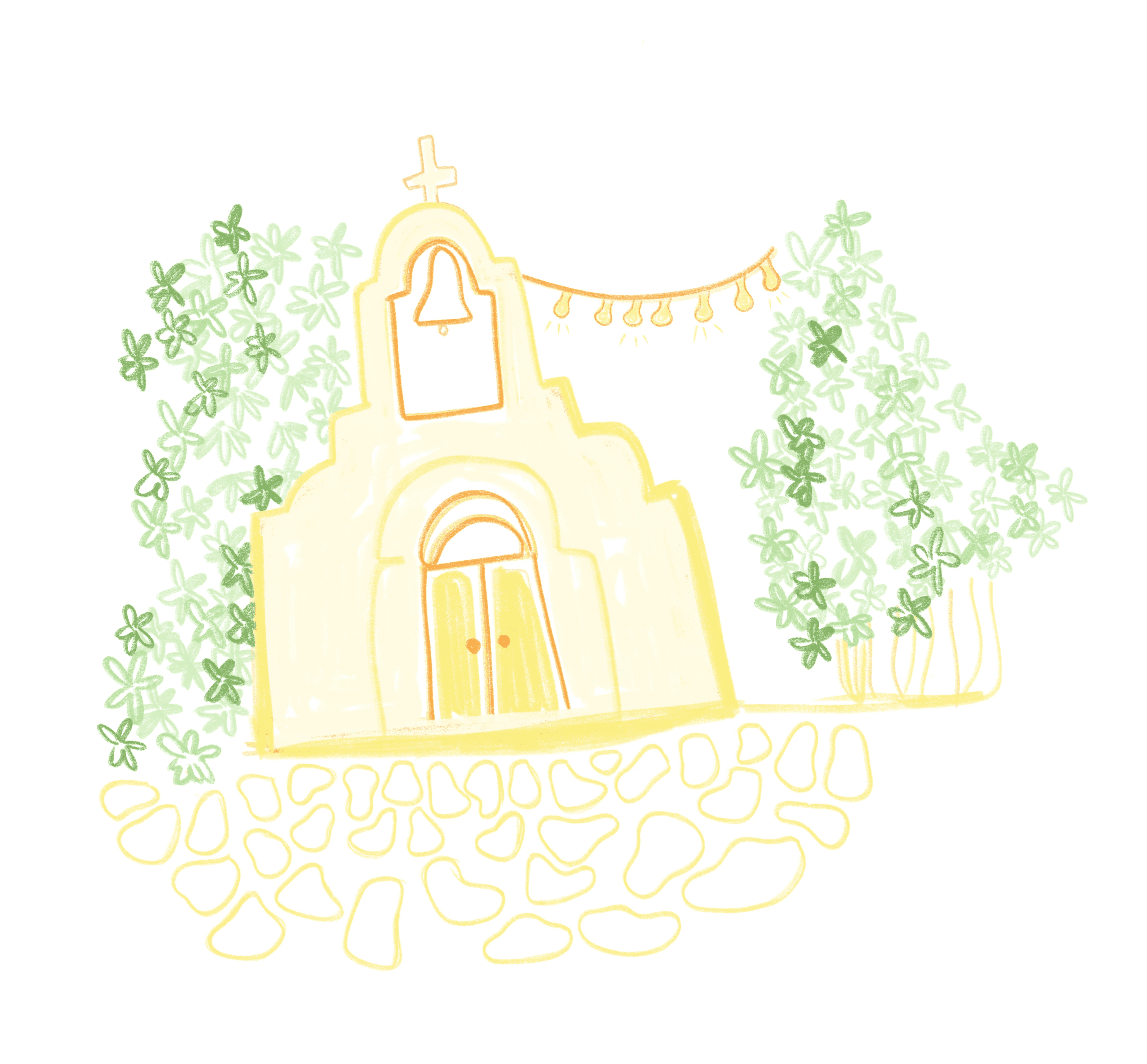 A serene pathway lined with trees leads to a distant building, bathed in warm sunlight.