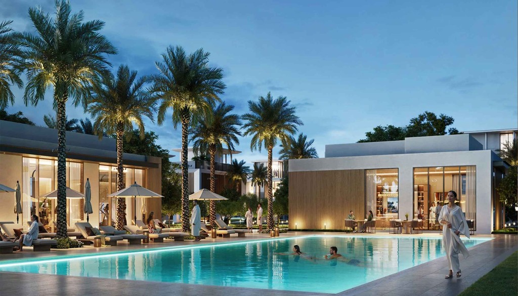 Stylish modern villa in Dubai, characterized by minimalist architecture and lush landscaping, reflecting luxury living.