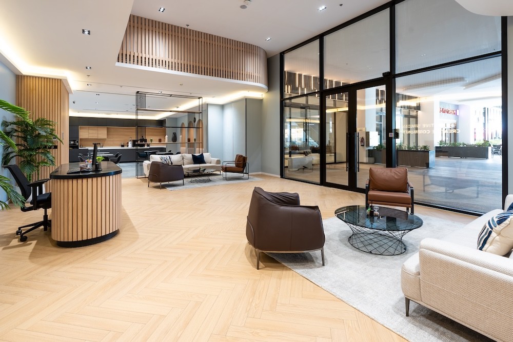 Modern lounge and reception area at DIOM Century Corner Ground Floor headquarters in Riyadh