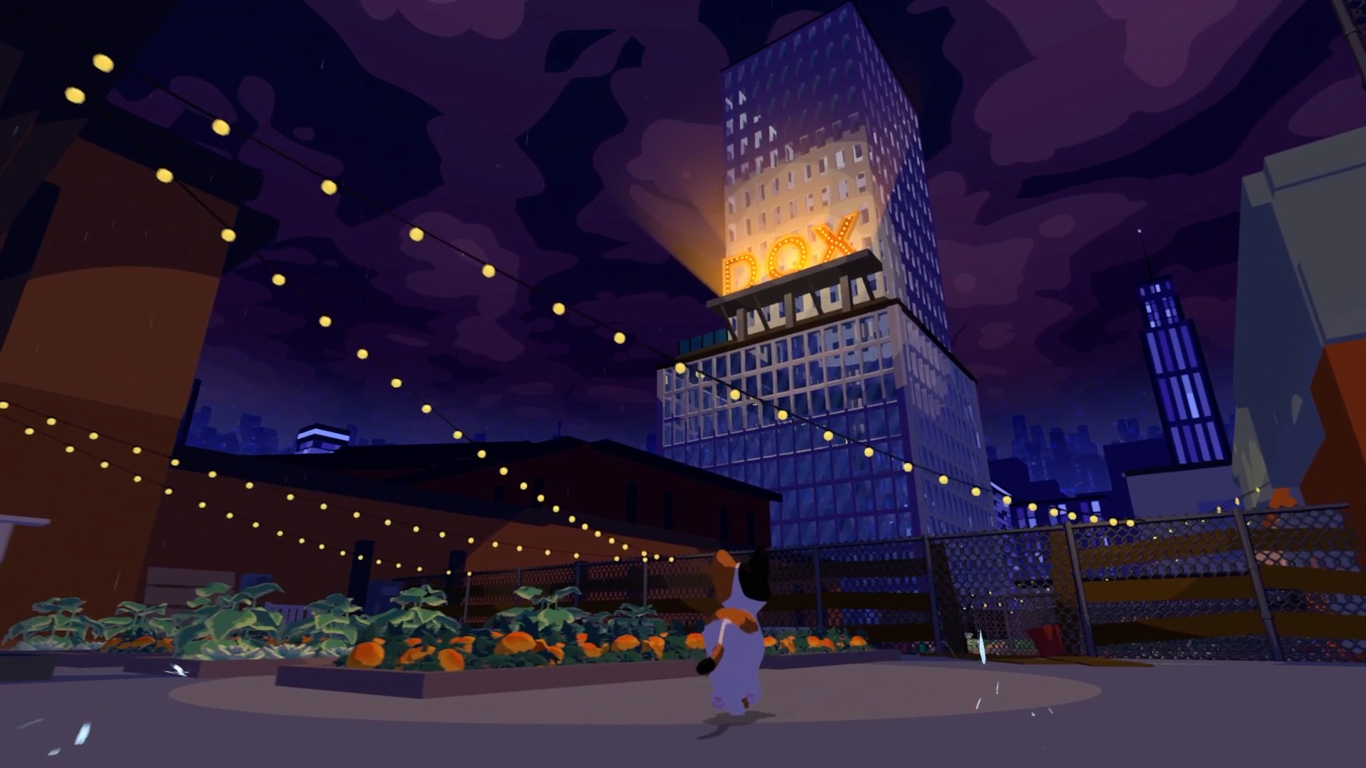 Cat Secretary outside of DOX headquarters at night