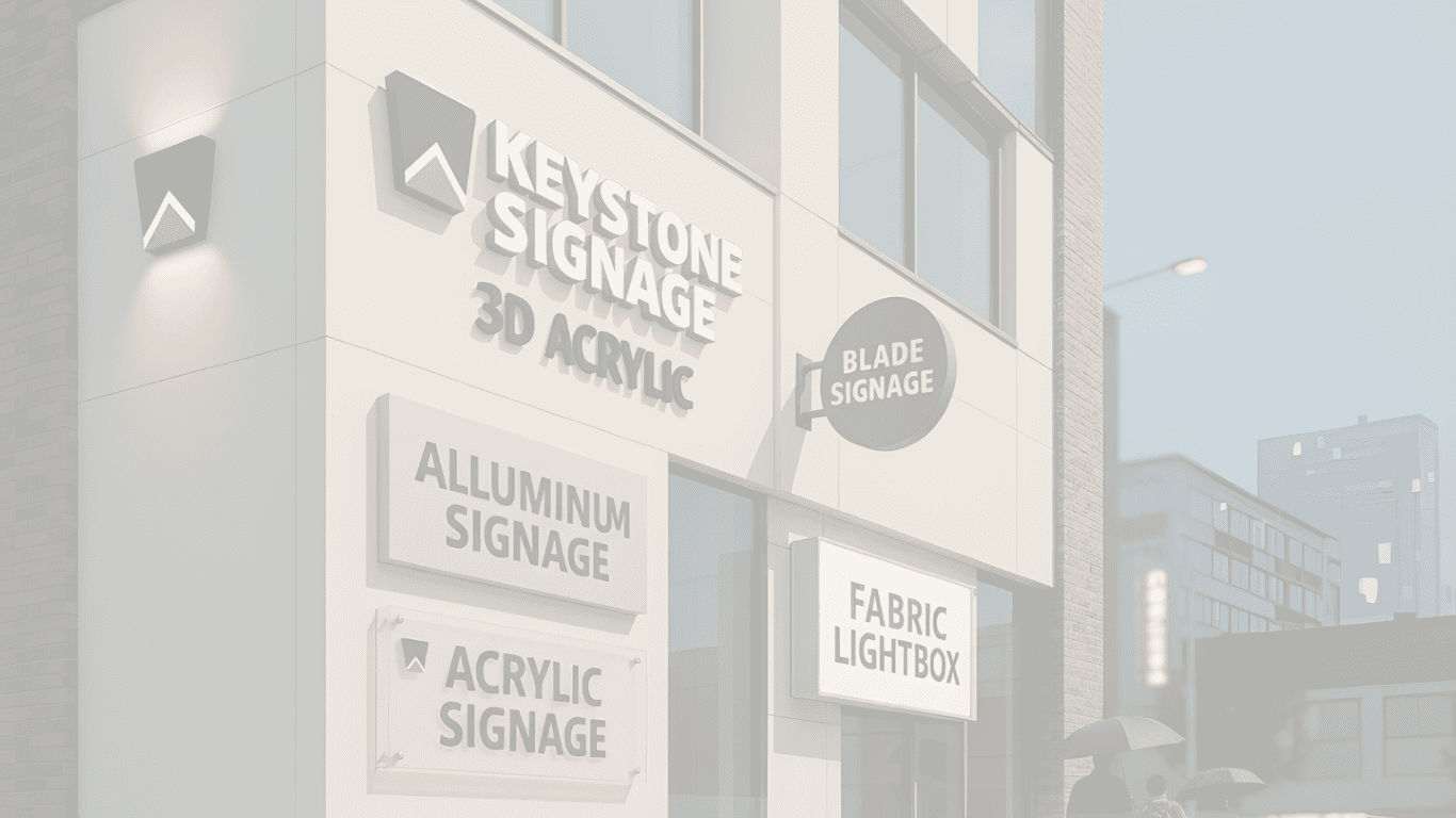 Different types of signage displayed on a building in Singapore, including lightbox, 3D acrylic, and LED channel letters.