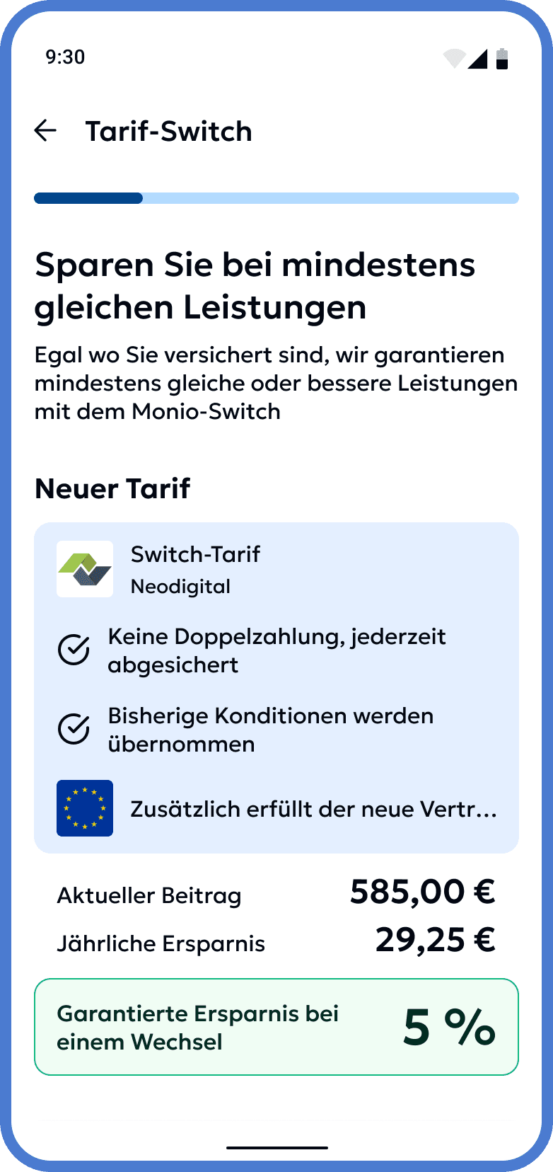 Screenshot der Monio App, der einen Beispielhaften Vertragswechsel mit möglicher Ersparnis zeigt