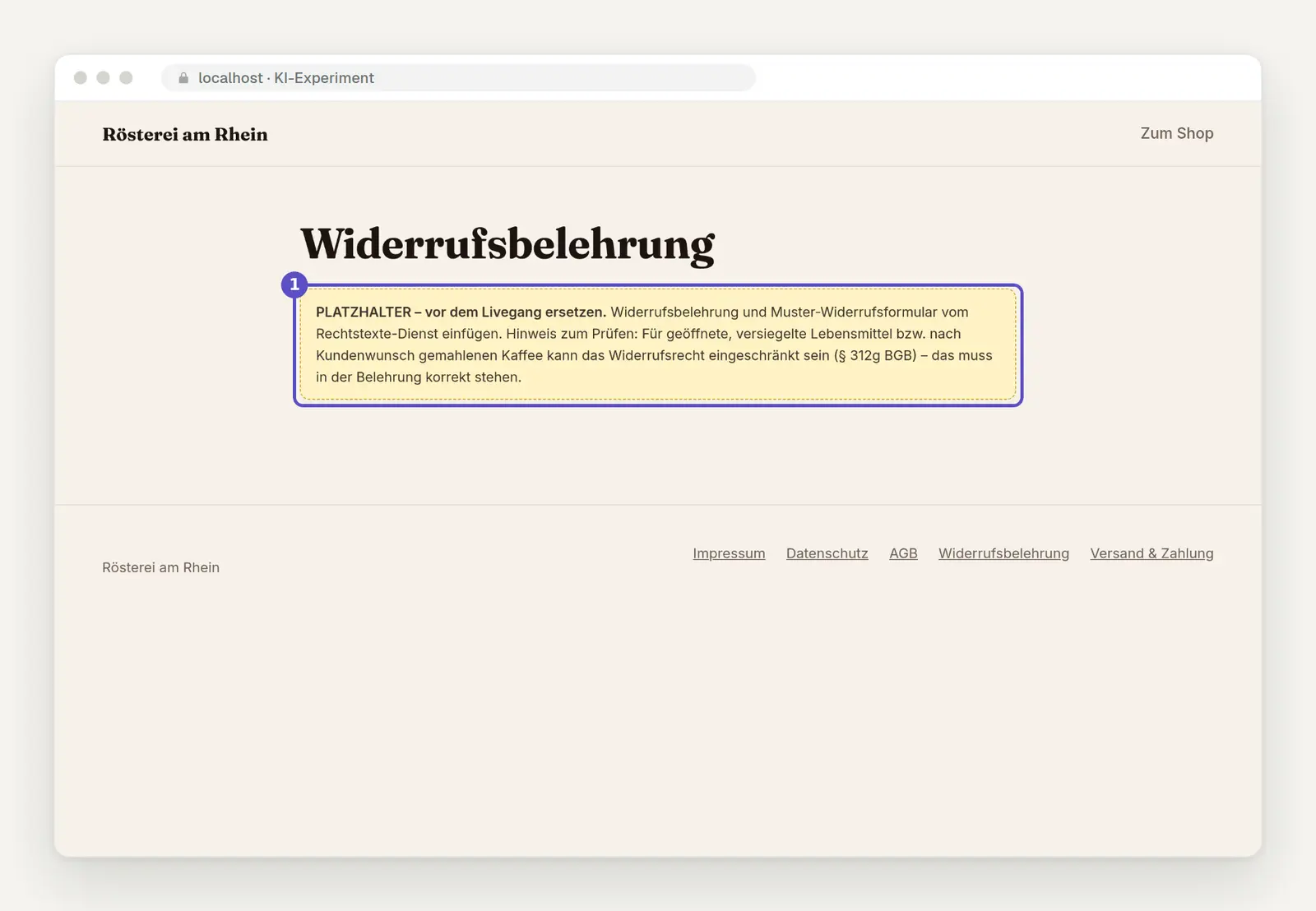 Widerrufsseite des KI-Testshops, auf der statt einer echten Widerrufsbelehrung nur ein gelb markierter Platzhalter steht, der vor dem Livegang durch einen geprüften Rechtstext ersetzt werden muss.