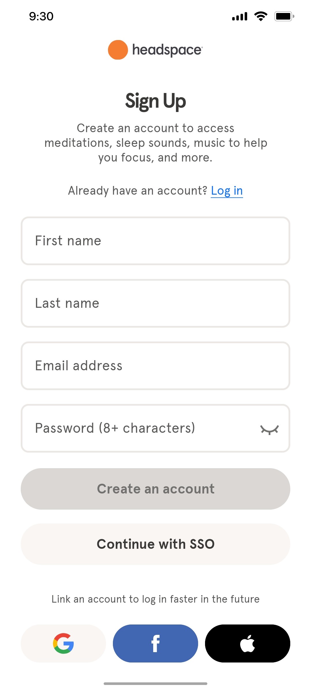 Headspace Signup screen