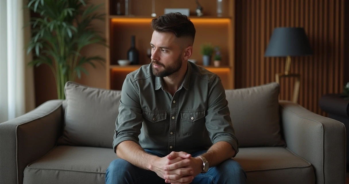 Homem sentado em sofá, com expressão pensativa, olhando para baixo, em ambiente sofisticado 