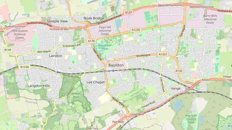 Map showing Basildon in Essex