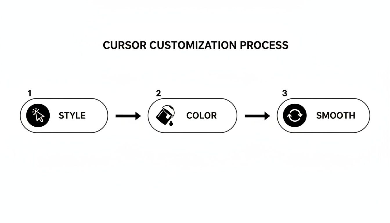 A three-step diagram illustrating the cursor customization process: Style, Color, and Smooth.