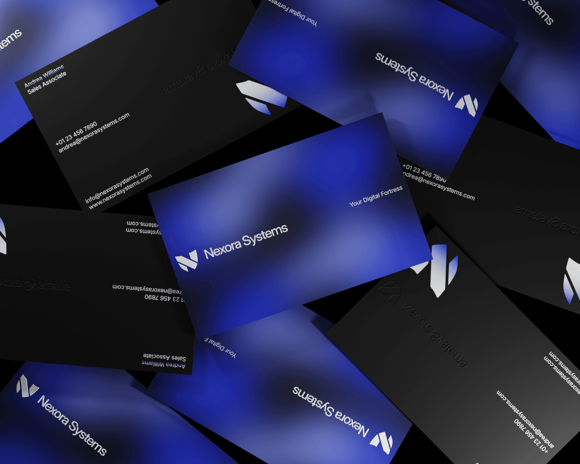 A mockup of Nexora Systems's business card design. The business cards feature an electric blue gradient background on the front side, with the logo and slogan featured in white. The back of the cards has a black background with the contact details shown in white and the logo featured in the bottom-right corner.