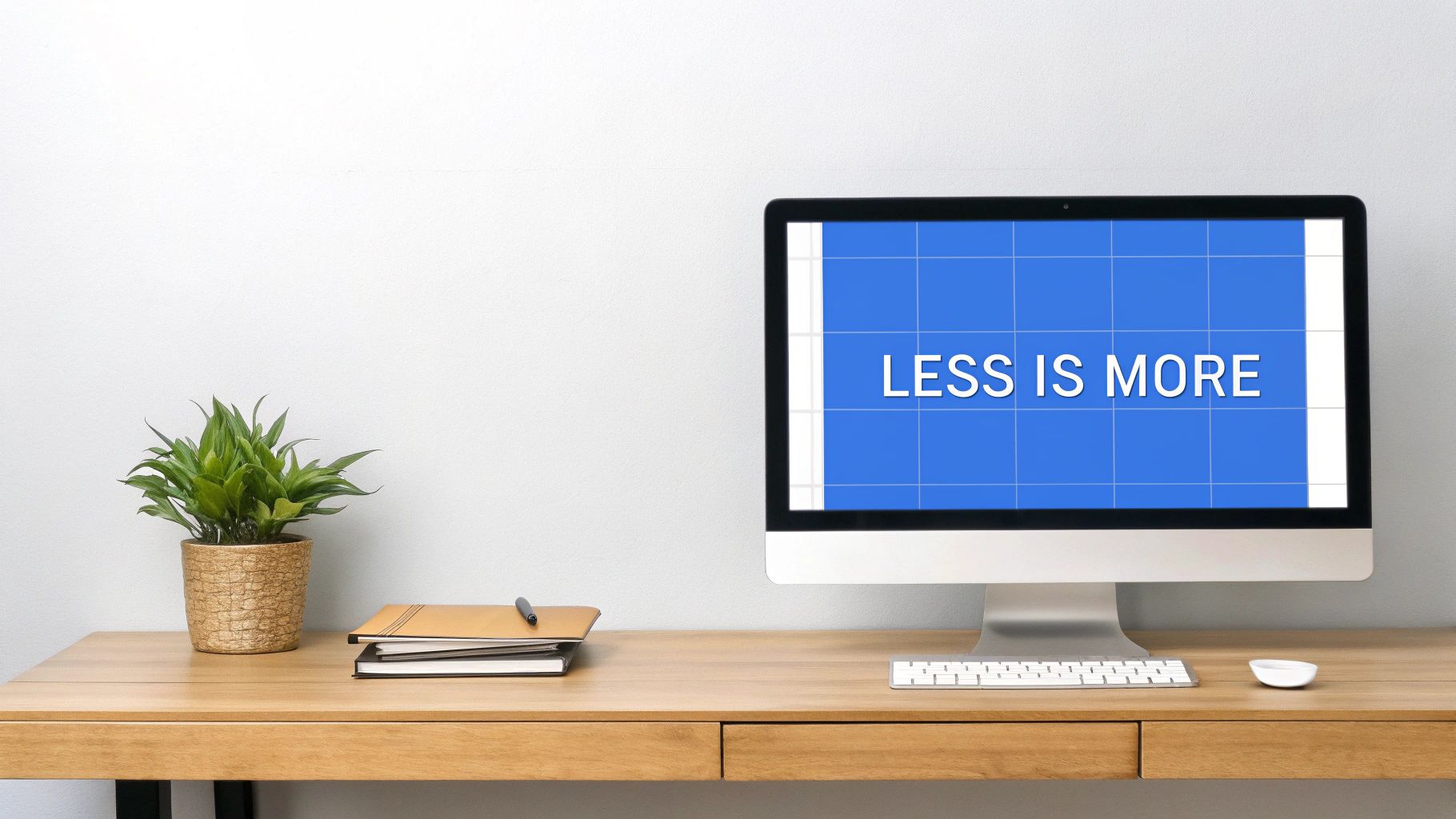 A modern wooden desk features a potted plant, notebooks, and an iMac with