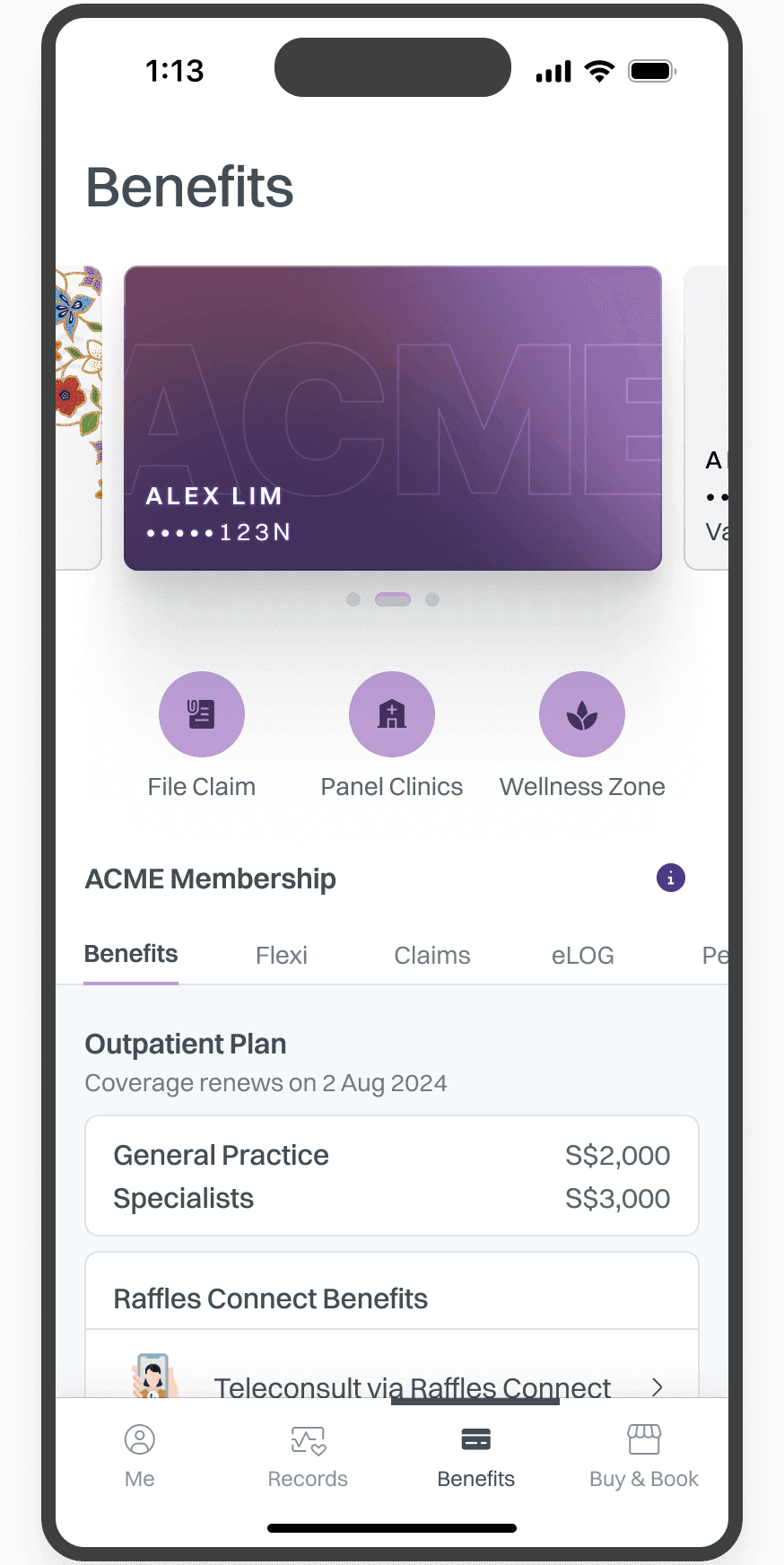 A detailed mobile app screen displaying an e-card for "Alex Lim" with a clear view of benefits under the ACME membership plan, including specific outpatient plan coverage amounts.
