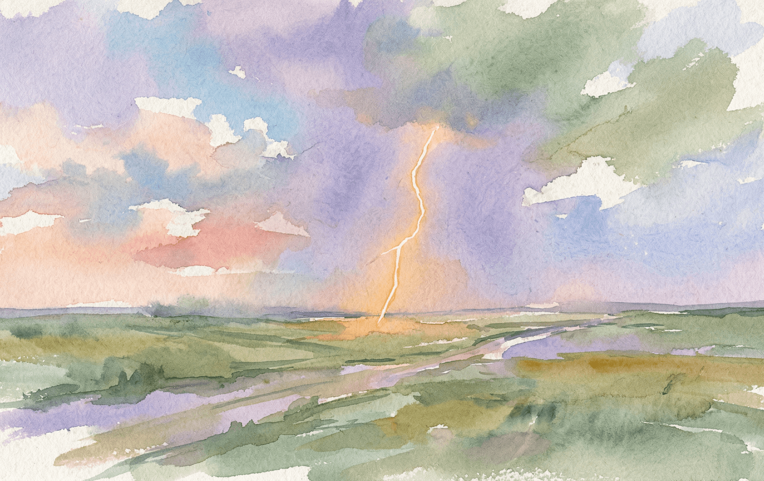 Watercolor golden lightning bolt illuminating a calm twilight sky over a green plain