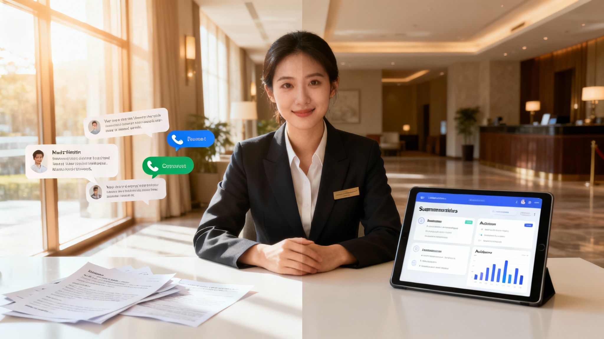 Smiling business professional at a desk with chat bubbles and a tablet displaying a dashboard.