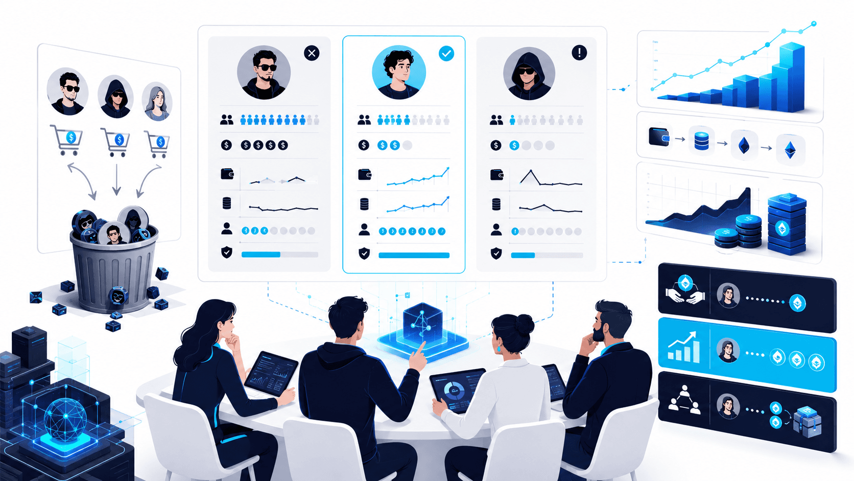 A professional analyst reviewing a crypto KOL price evaluation pipeline, filtering influencer reports by category to produce vetted, high-quality crypto content.