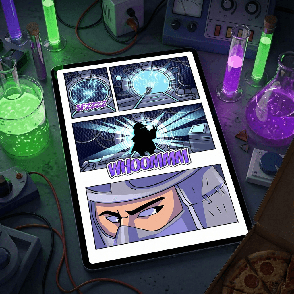 Comic panels on a tablet.