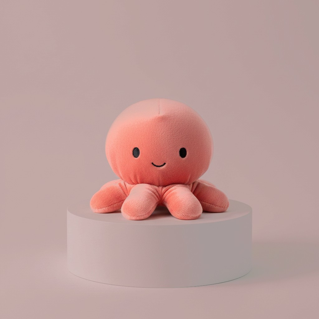 A small, teal velvet octopus stuffed animal with eight curly tentacles and a smile.