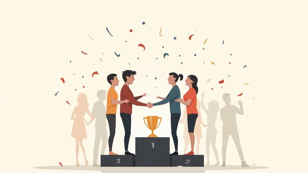 Illustration of two teams shaking hands on a winners' podium with a trophy and confetti.