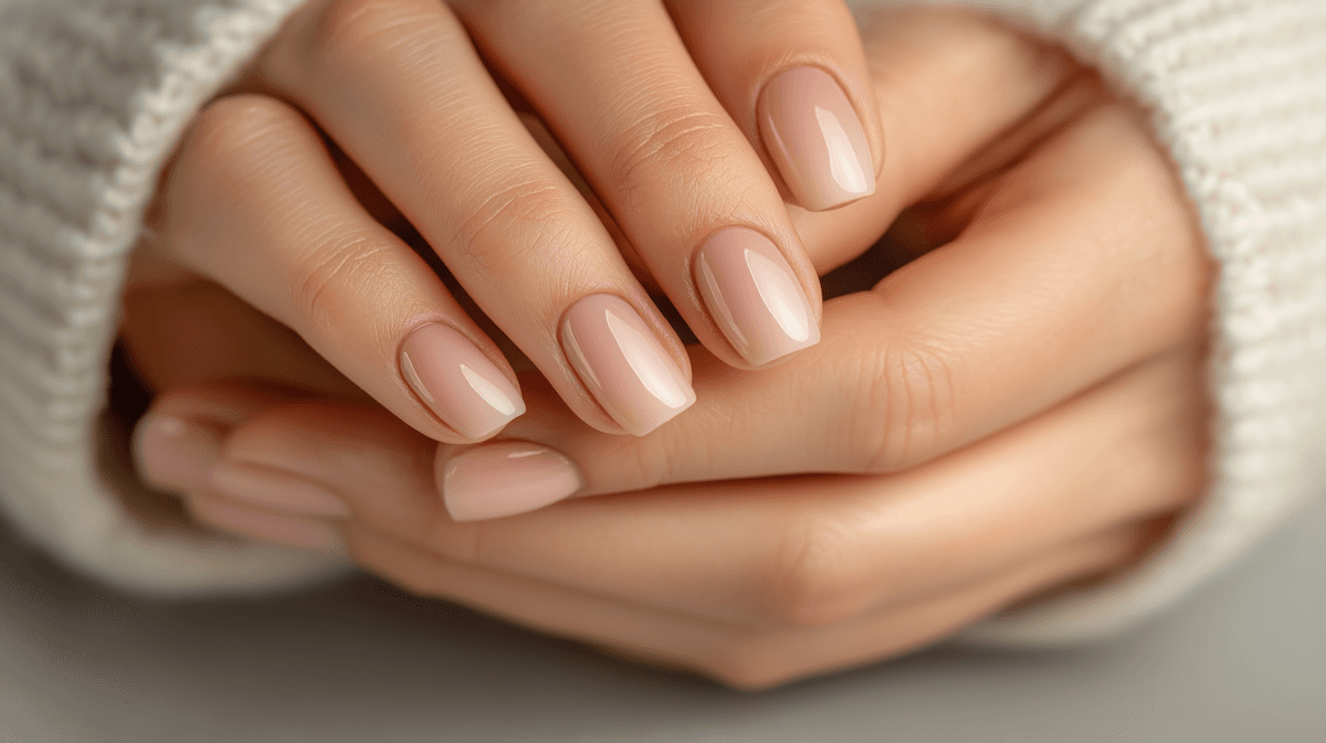 Close-up of hands with light pink manicured nails resting together