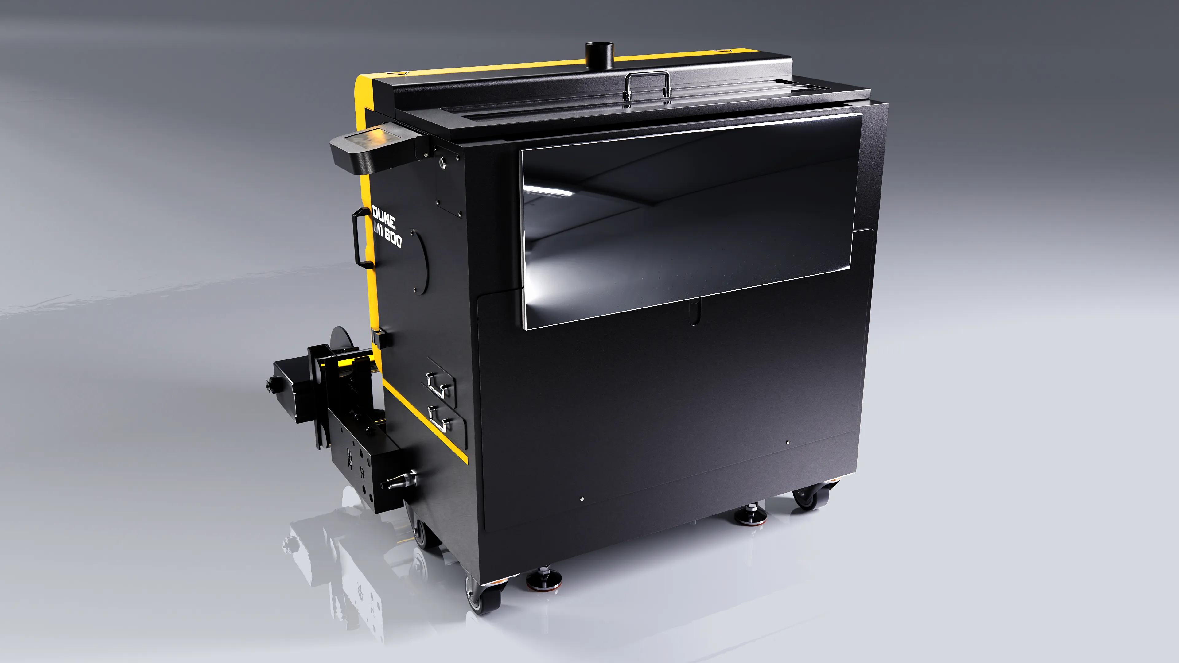 Side view of the Dune M powder shaker highlighting its heating plate system. Equipped with a pre-heating plate that maintains a consistent temperature, it ensures smooth and reliable film drying for optimal results.