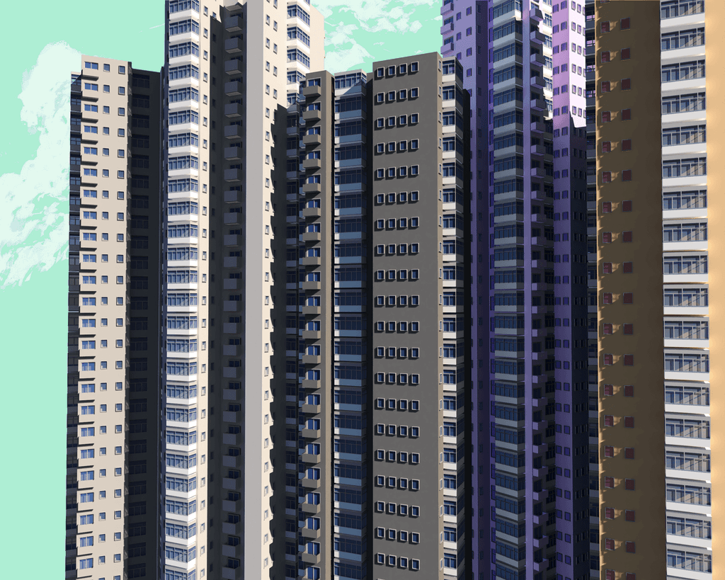 A skyline of towering buildings against a backdrop of the sky.