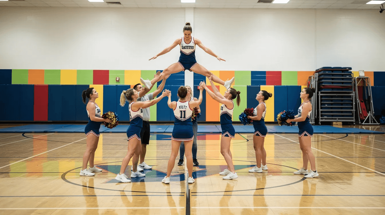 A group of young cheerleaders is practicing a stunt formation in a brightly lit gym, showcasing their teamwork and athleticism. The scene highlights the dynamic environment of a cheer gym, where cheerleading teams refine their skills and prepare for competitive events.