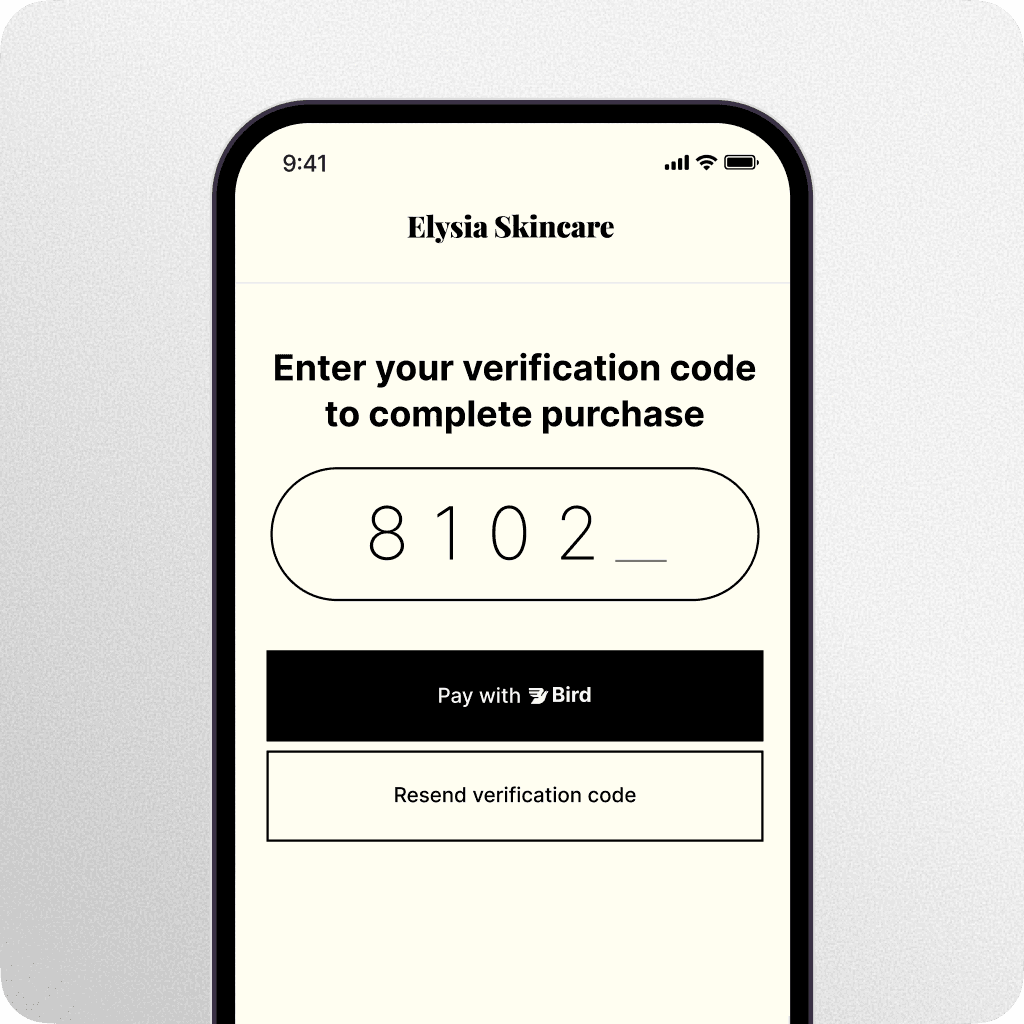 Mobile screen displaying verification code entry field to complete purchase for Elysia Skincare, with options to 'Pay with Bird' or 'Resend verification code.