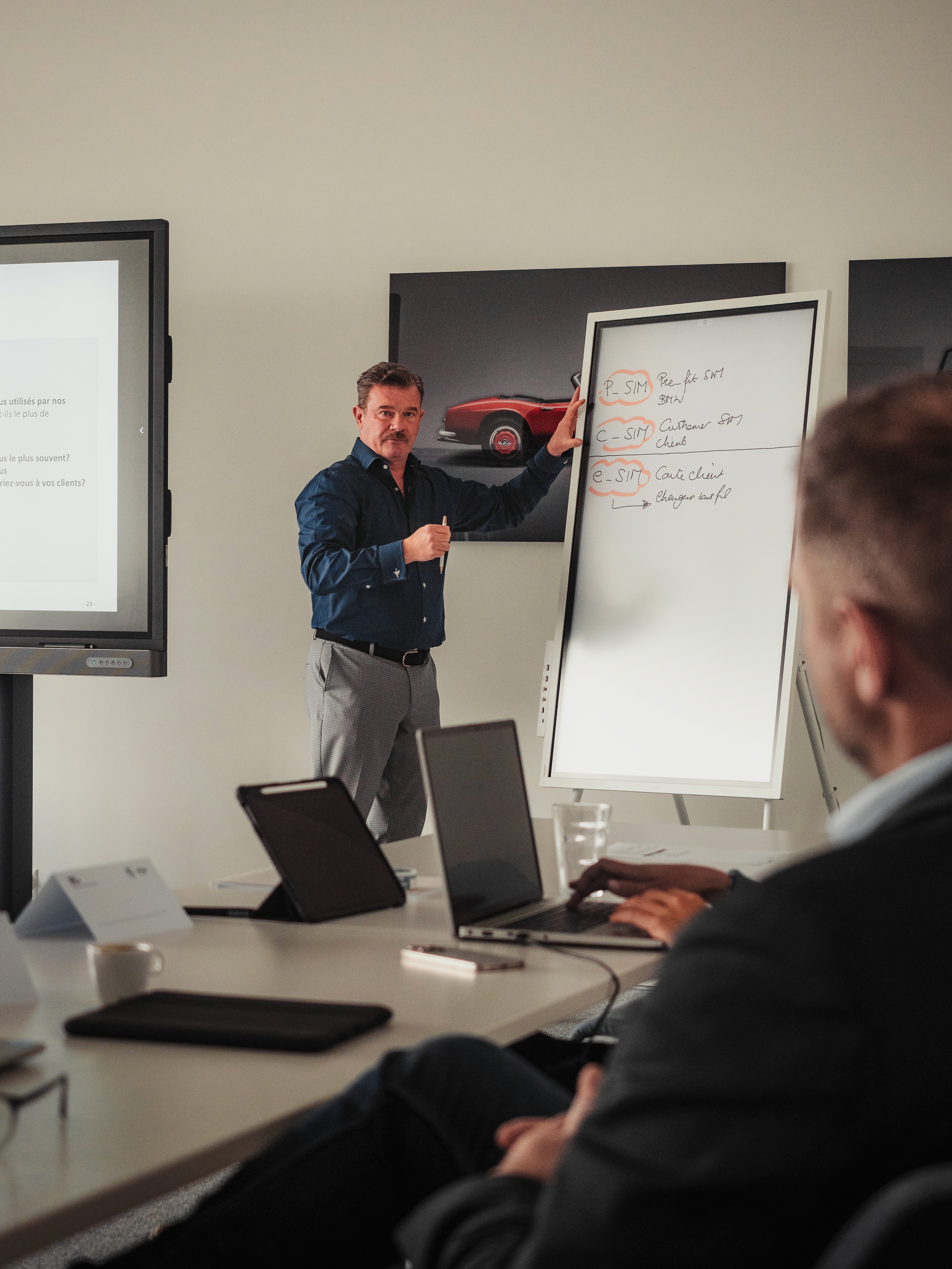 Sales trainer presenting communication frameworks on a whiteboard during a B2B sales training session, demonstrating tools teams can apply immediately.