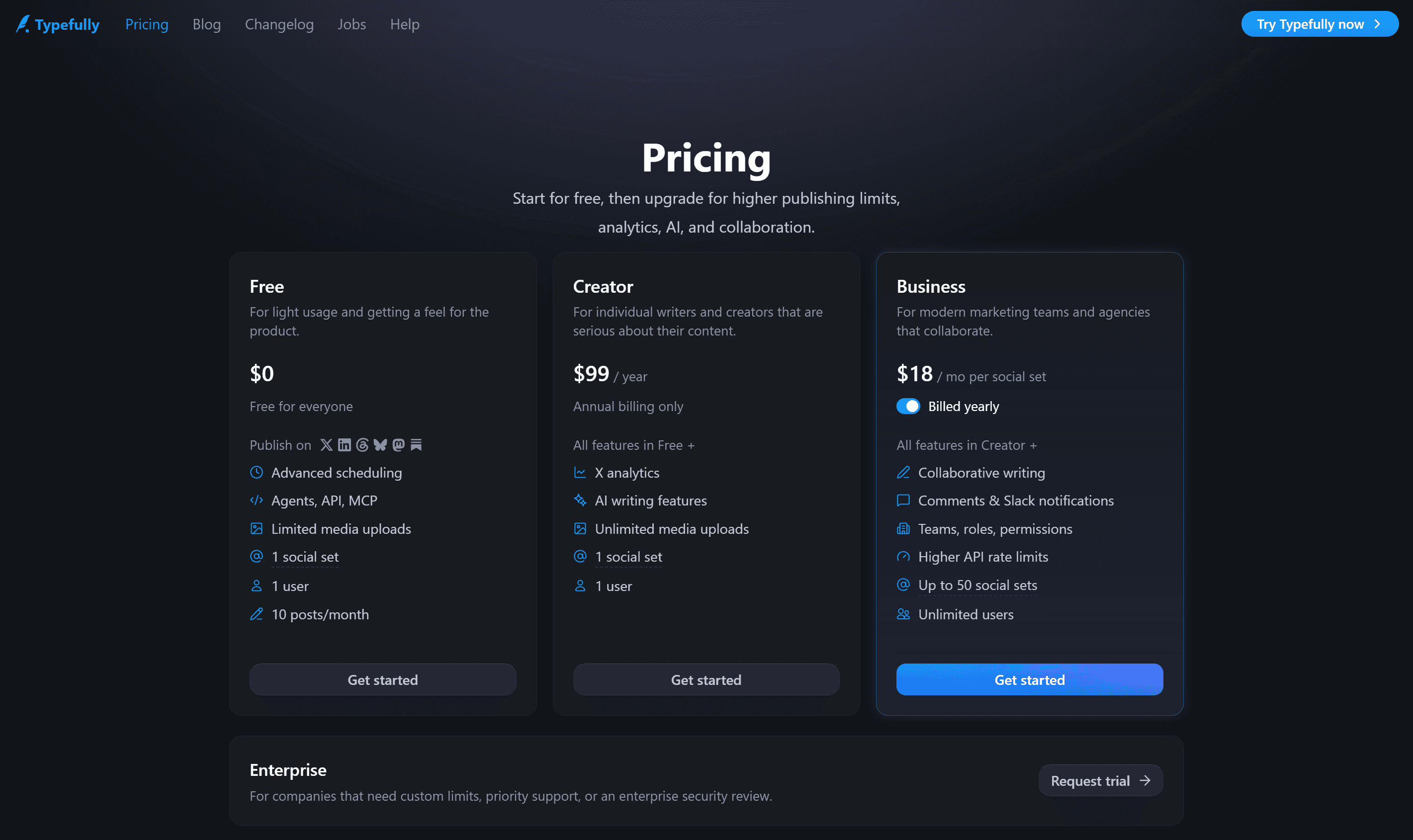 Typefully pricing page on 12 October 2026: Free at $0 with 10 posts a month, Creator at $99 a year billed yearly only, Business at $18 a month per social set billed yearly, and a custom Enterprise plan