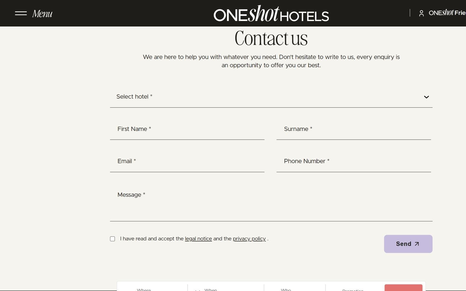 Contact form for One Shot Hotels with fields for hotel selection, name, email, phone, and message. Send button and privacy policy checkbox.