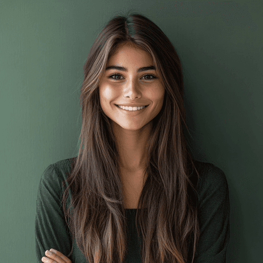 A young woman with long hair smiles while standing against a green backdrop, wearing a casual dark sweater.