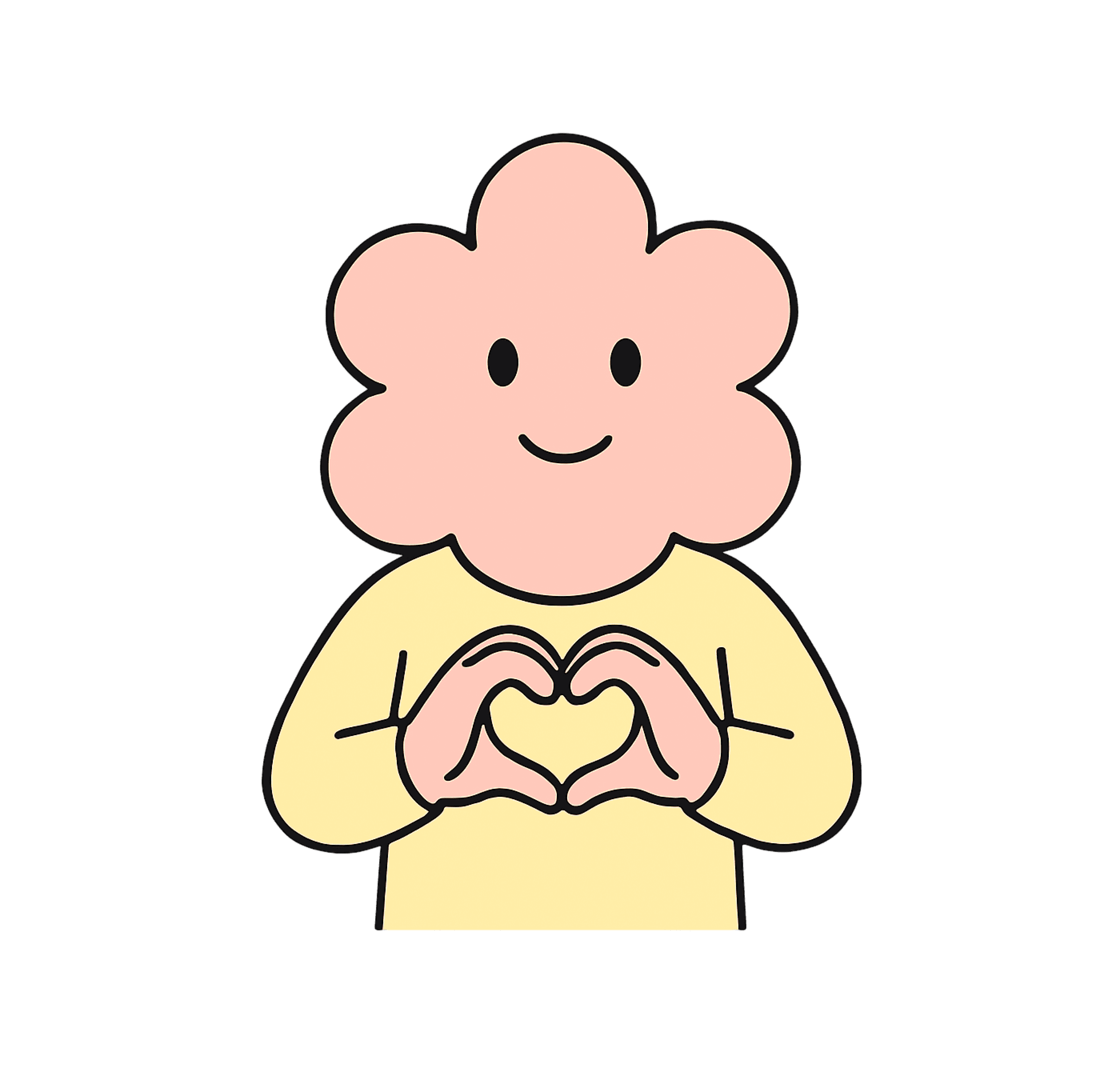 Flowerhead, the Flowgenix mascot—a smiling cartoon flower character making a heart shape with its hands