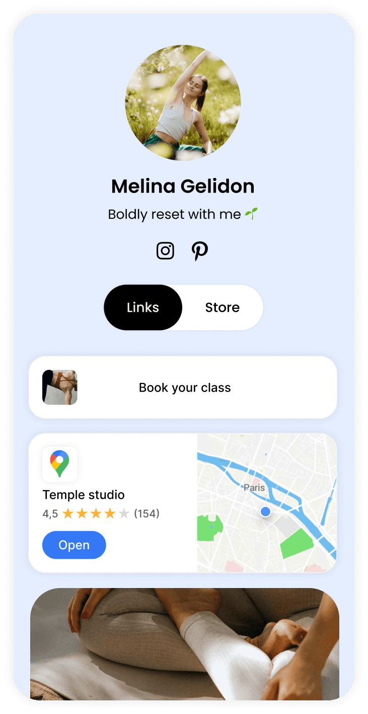 Fitness website builder template for yoga instructor with class scheduling