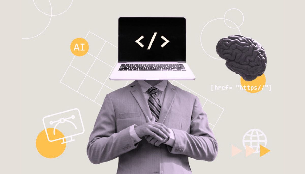 Illustration of professional with laptop head and coding symbols, representing Claude vs ChatGPT developer comparison.