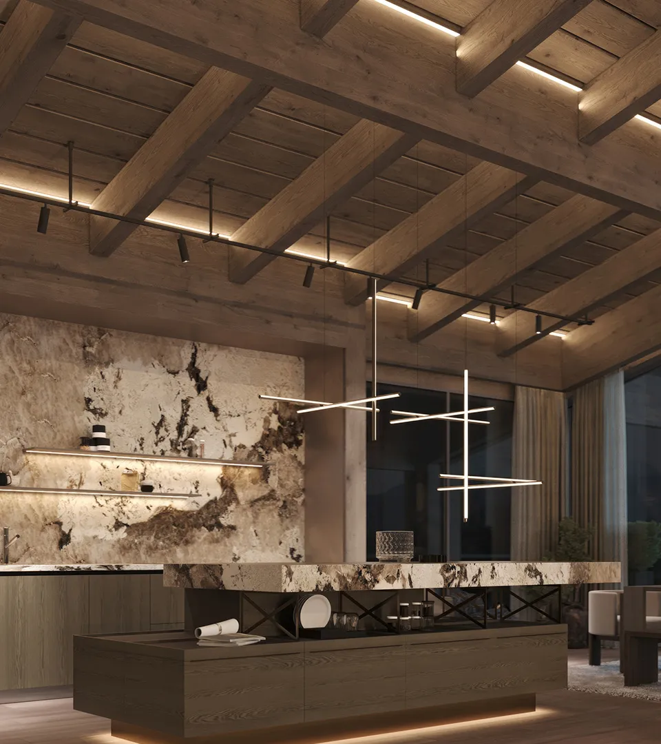 Peakside Chalets Cyprus kitchen with marble feature wall, timber ceiling beams, and modern linear pendant lighting