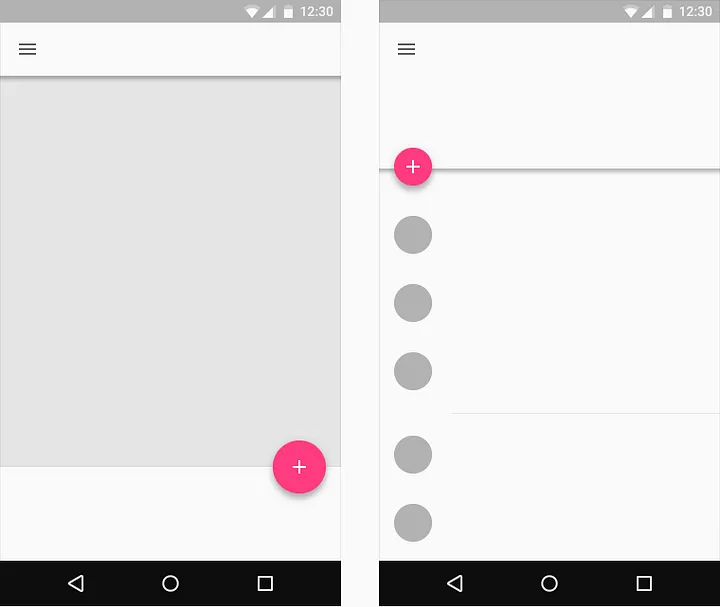 Two Android screens showing a mobile navigation menu that expands from a floating action button