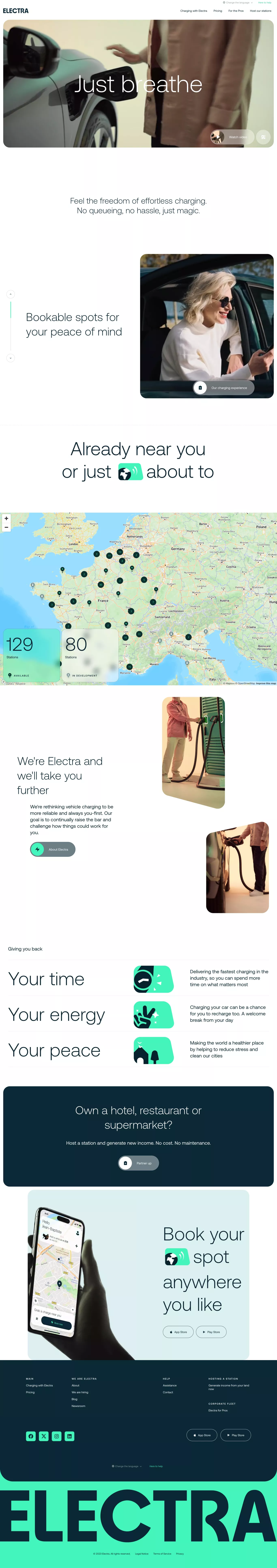 Fast charging stations and a revolutiona landing page screenshot showcasing Tech and Automotive design