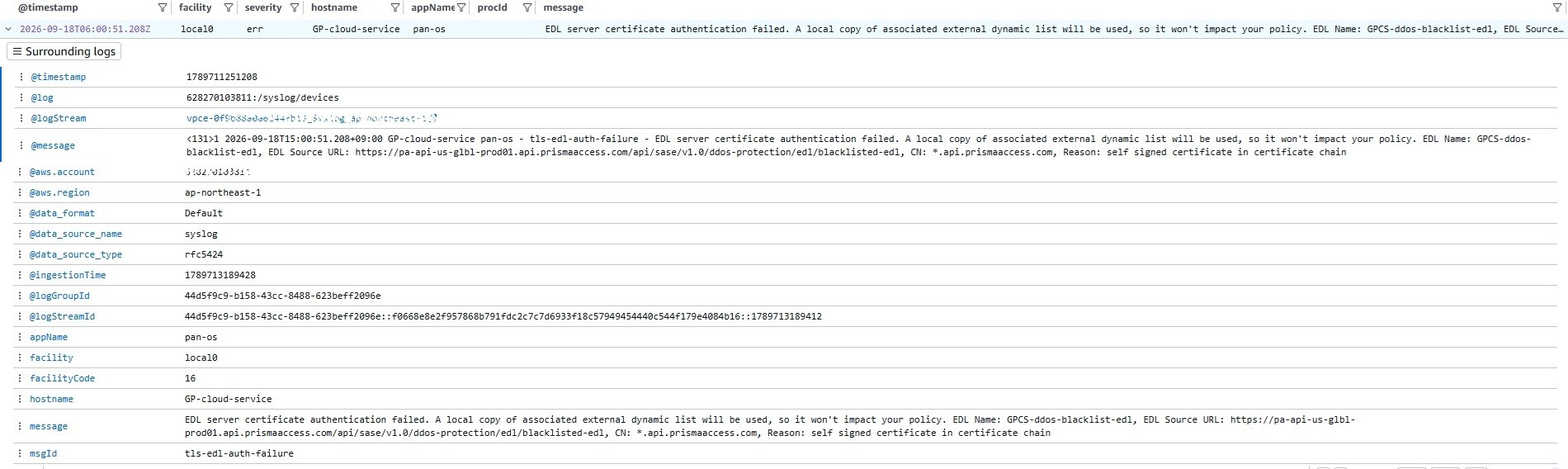 Expanded Prisma Access external dynamic list certificate log with parsed RFC 5424 fields.