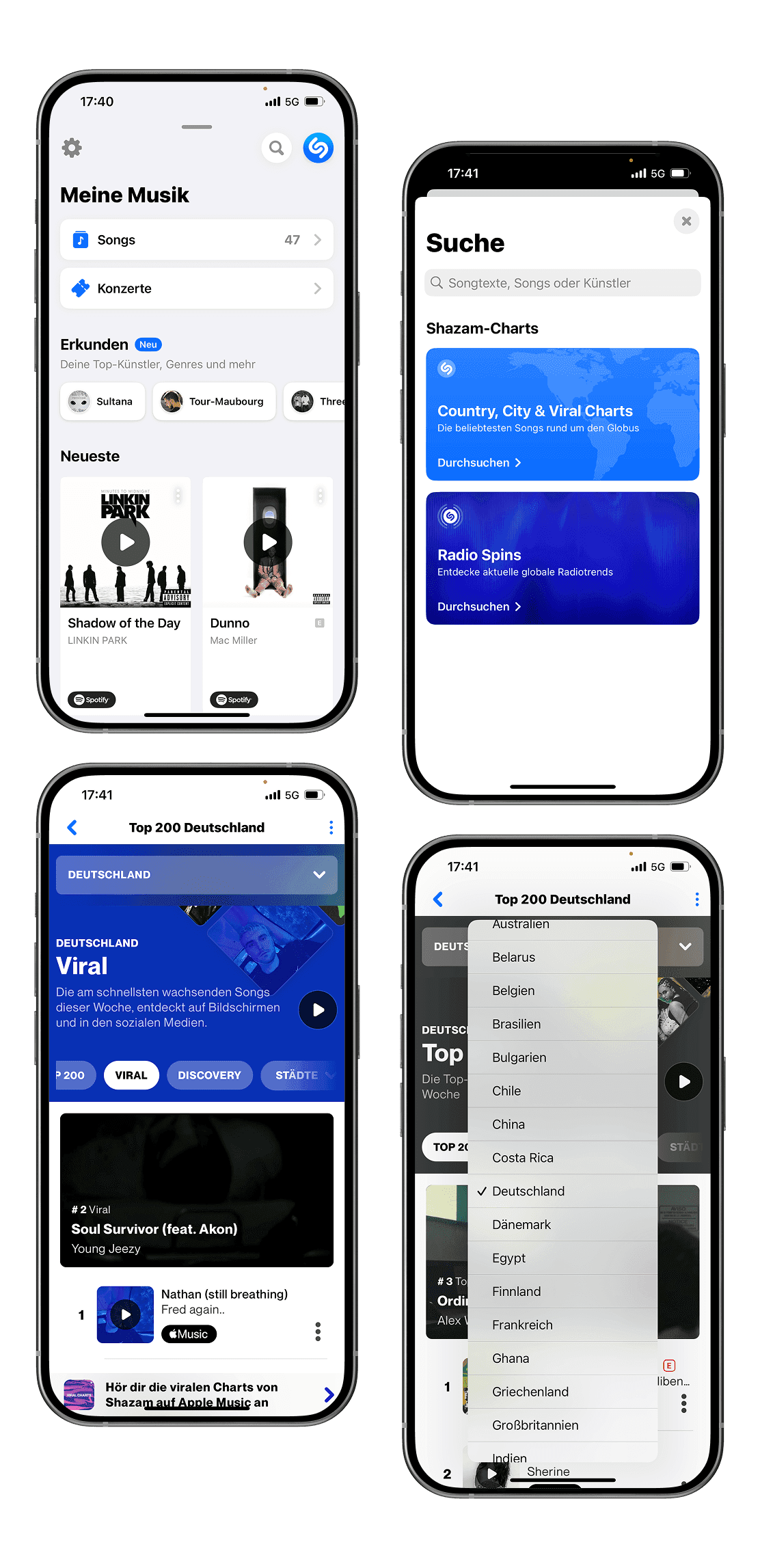 Aktuelle Screens der Shazam-App