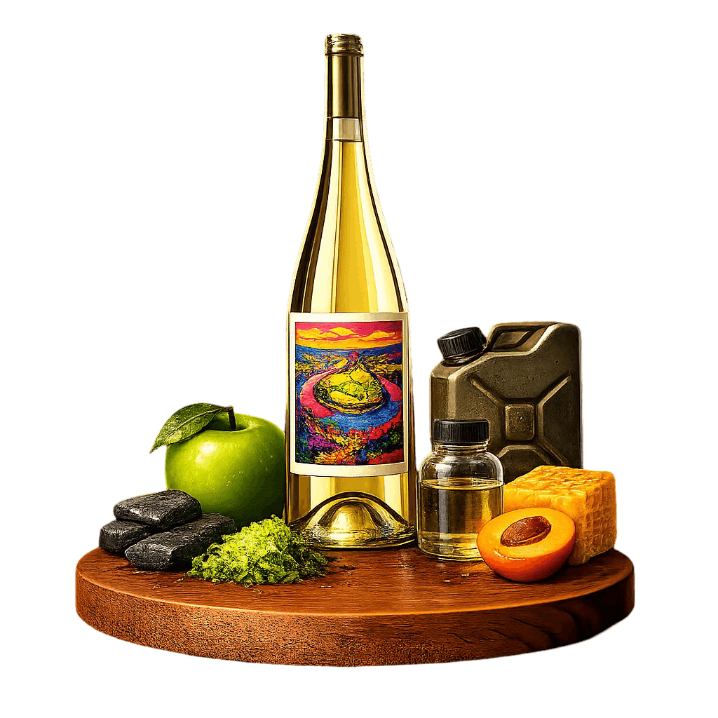 Artistic label and flavor profile for German Mosel Riesling on a rustic wooden table.