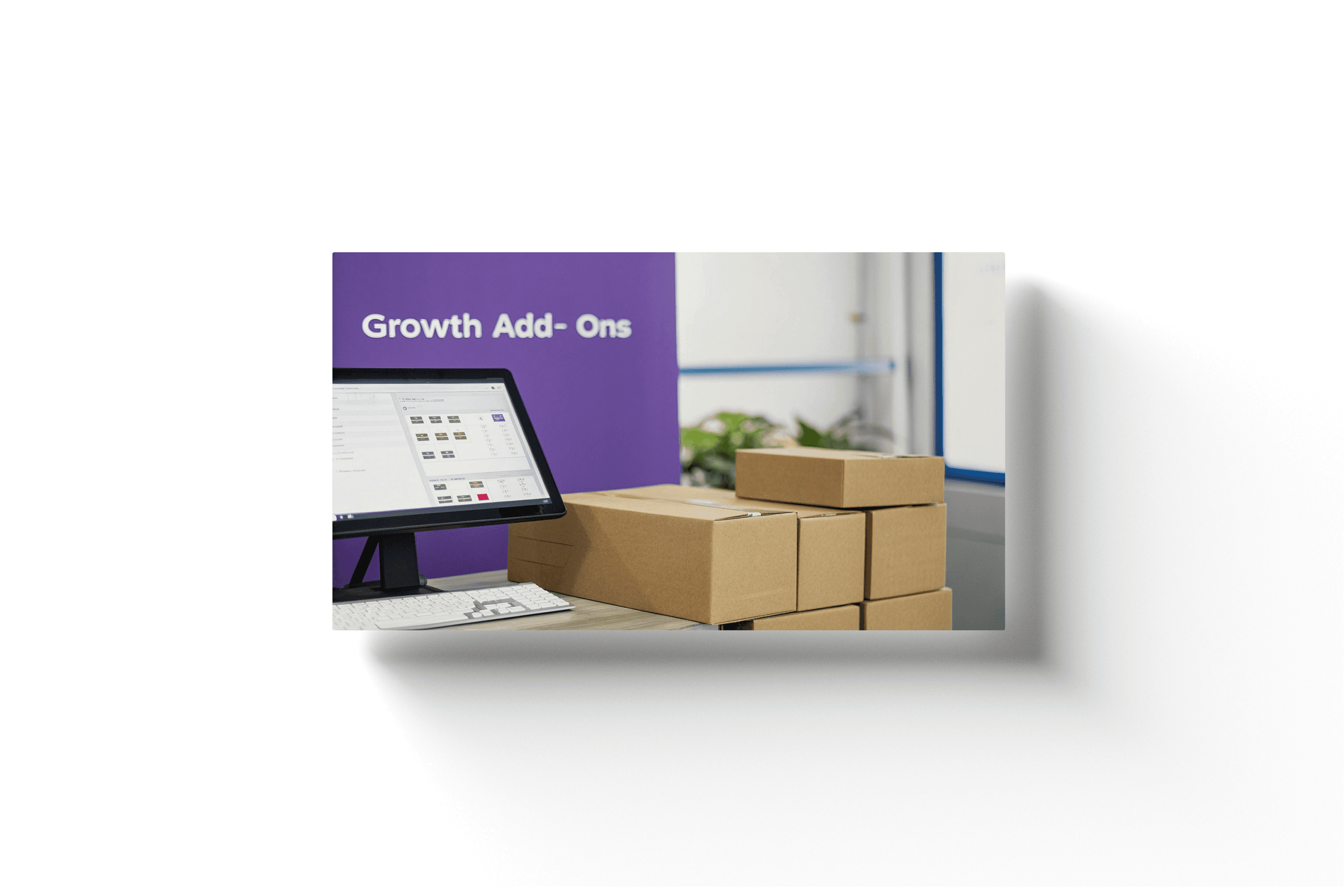 a purple wall in an office setting displaying the text 'growth add-ons'