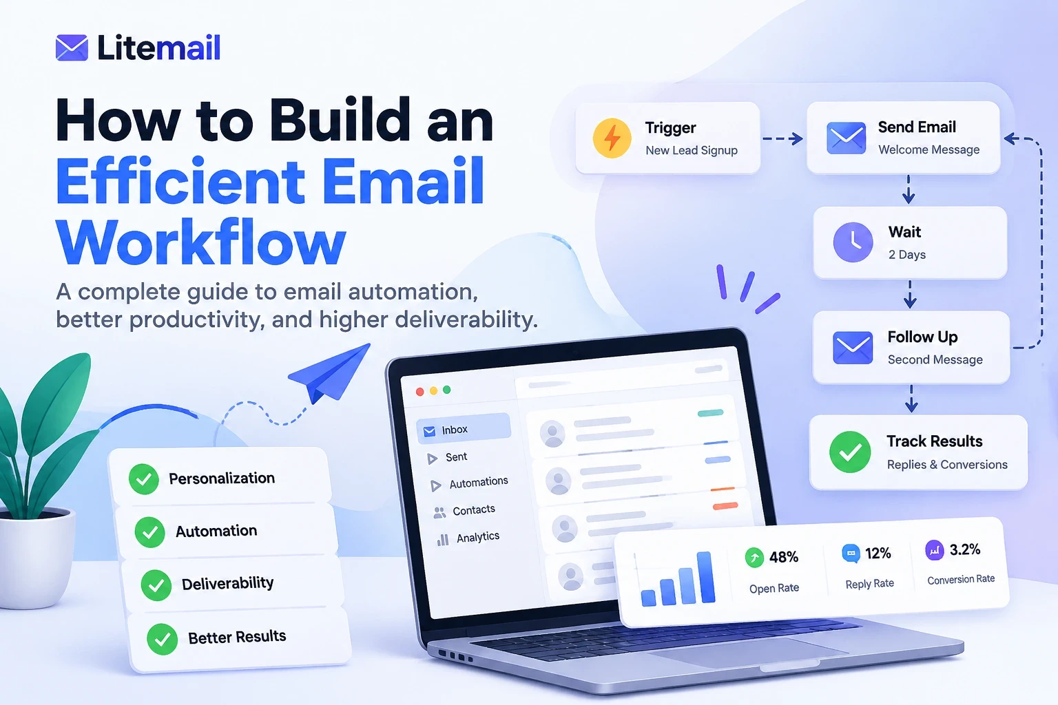 Efficient email workflow automation process showing email triggers, follow-ups, and deliverability optimization