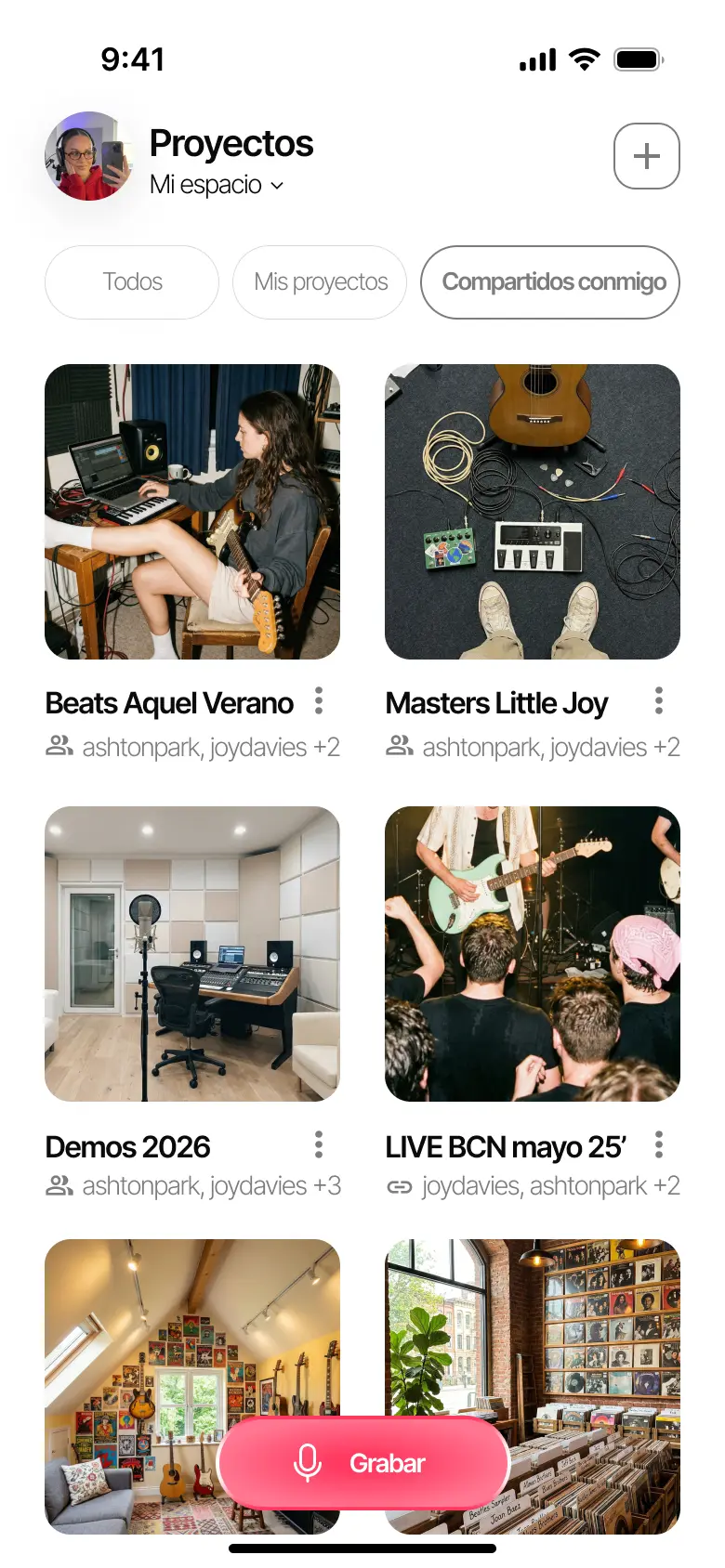 Pantalla principal de Zoundroom con proyectos musicales compartidos