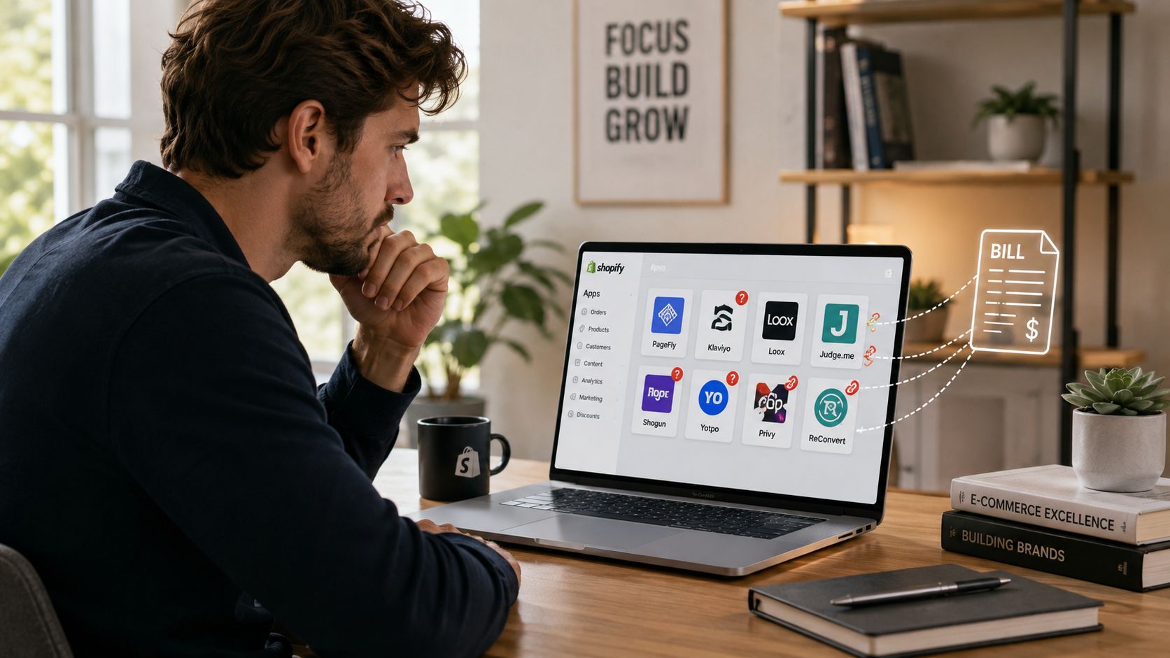 A professional man looks at a laptop screen displaying various Shopify e-commerce business applications and billing icons.