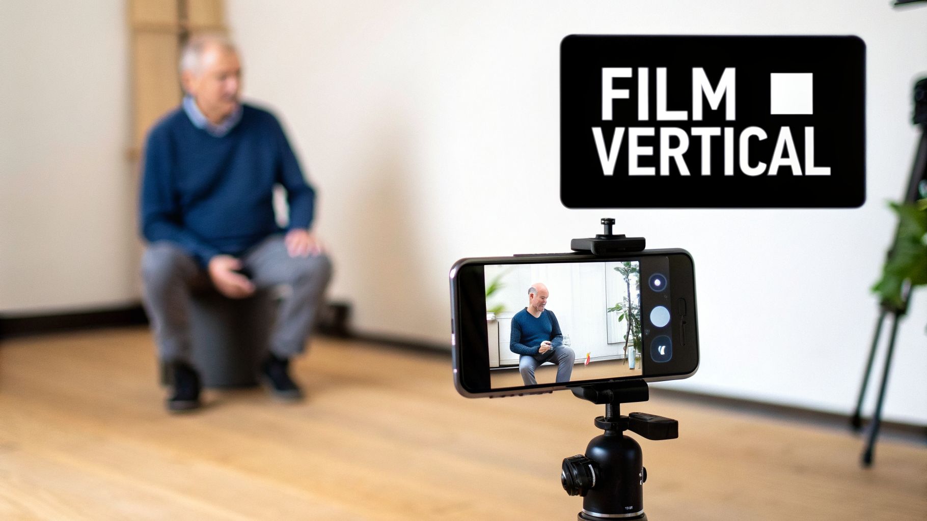 A man sits while being filmed vertically by a smartphone on a tripod, with a sign reading 'FILM VERTICAL'.