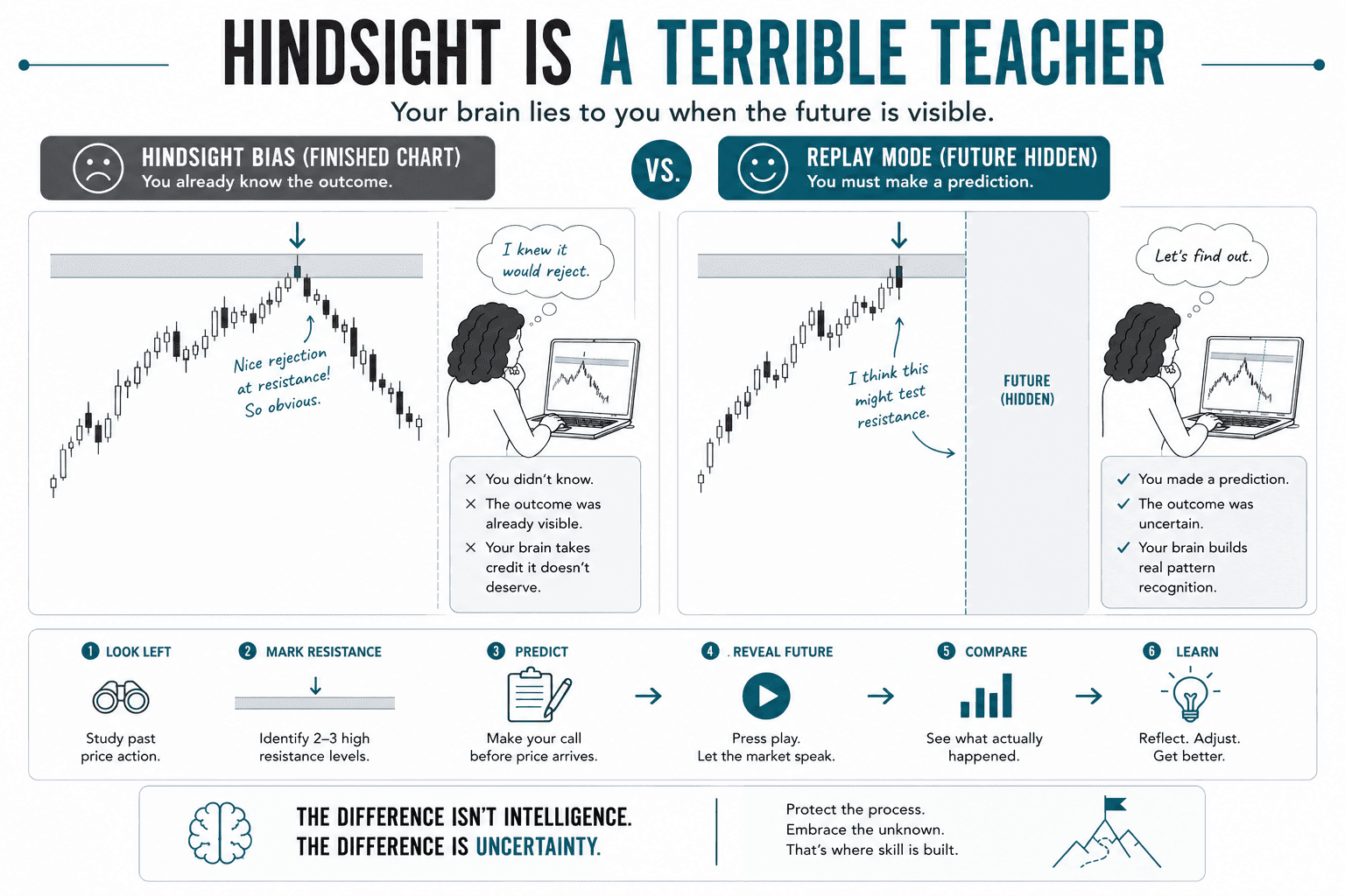 Educational infographic explaining hindsight bias in trading by comparing a finished chart with replay mode. One side shows a completed rejection from resistance that appears obvious after the fact, while the other side hides future price action and requires the trader to predict the outcome before the market reveals whether resistance holds or breaks.