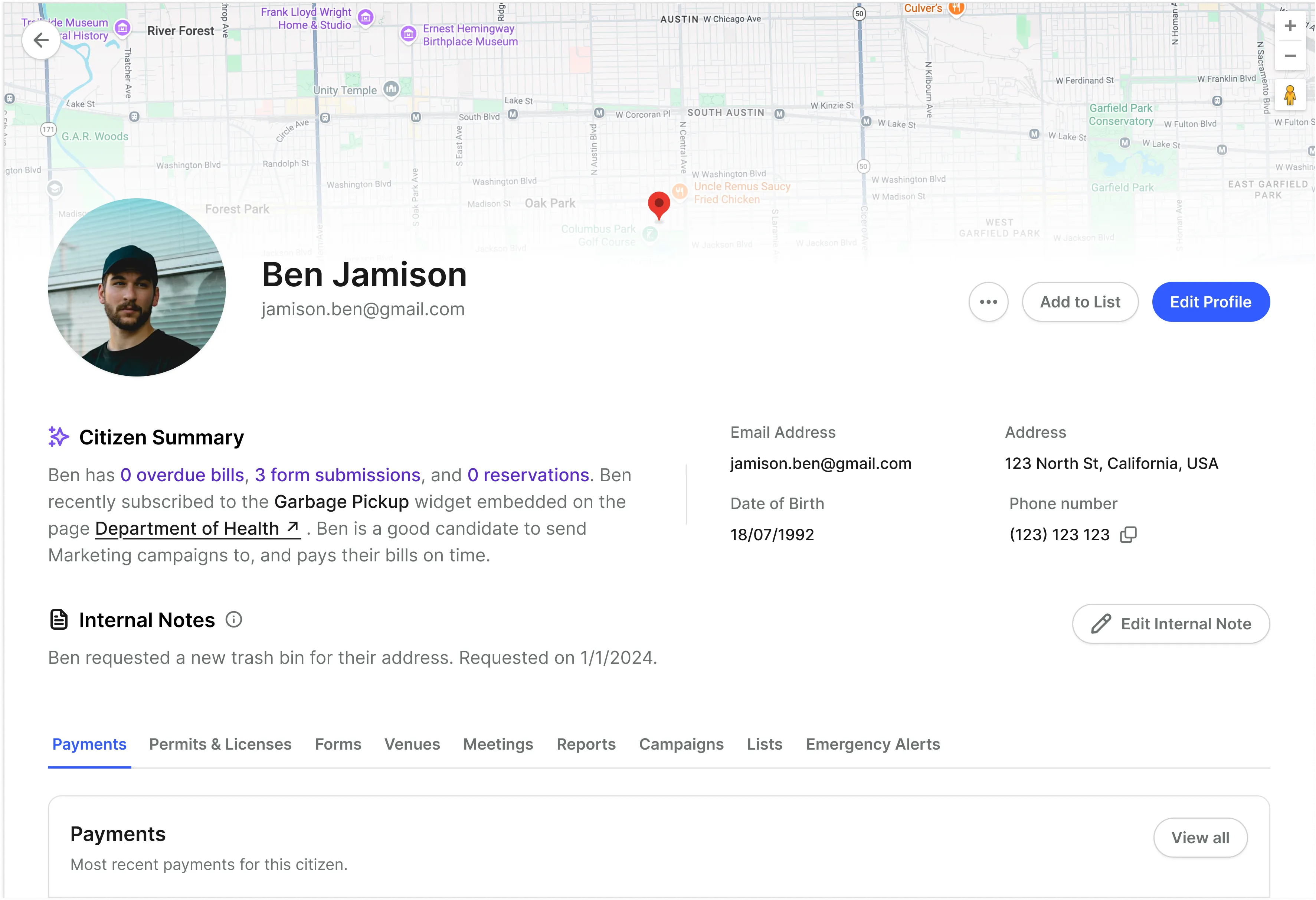 Citizen Ben Jamison profile with map and contact info