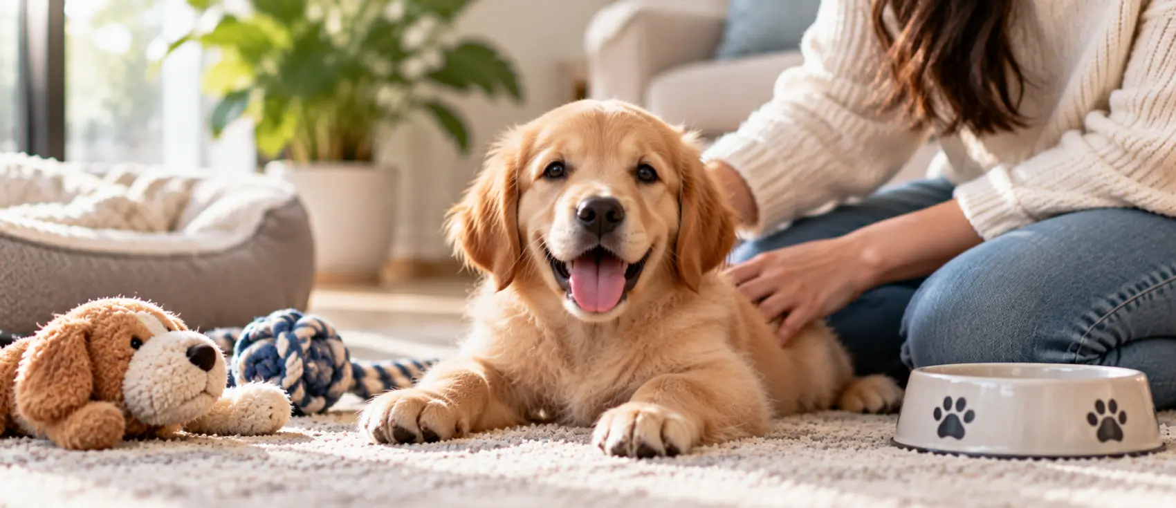 Golden retriever puppy lying on a rug beside a person and a paw-print bowl.