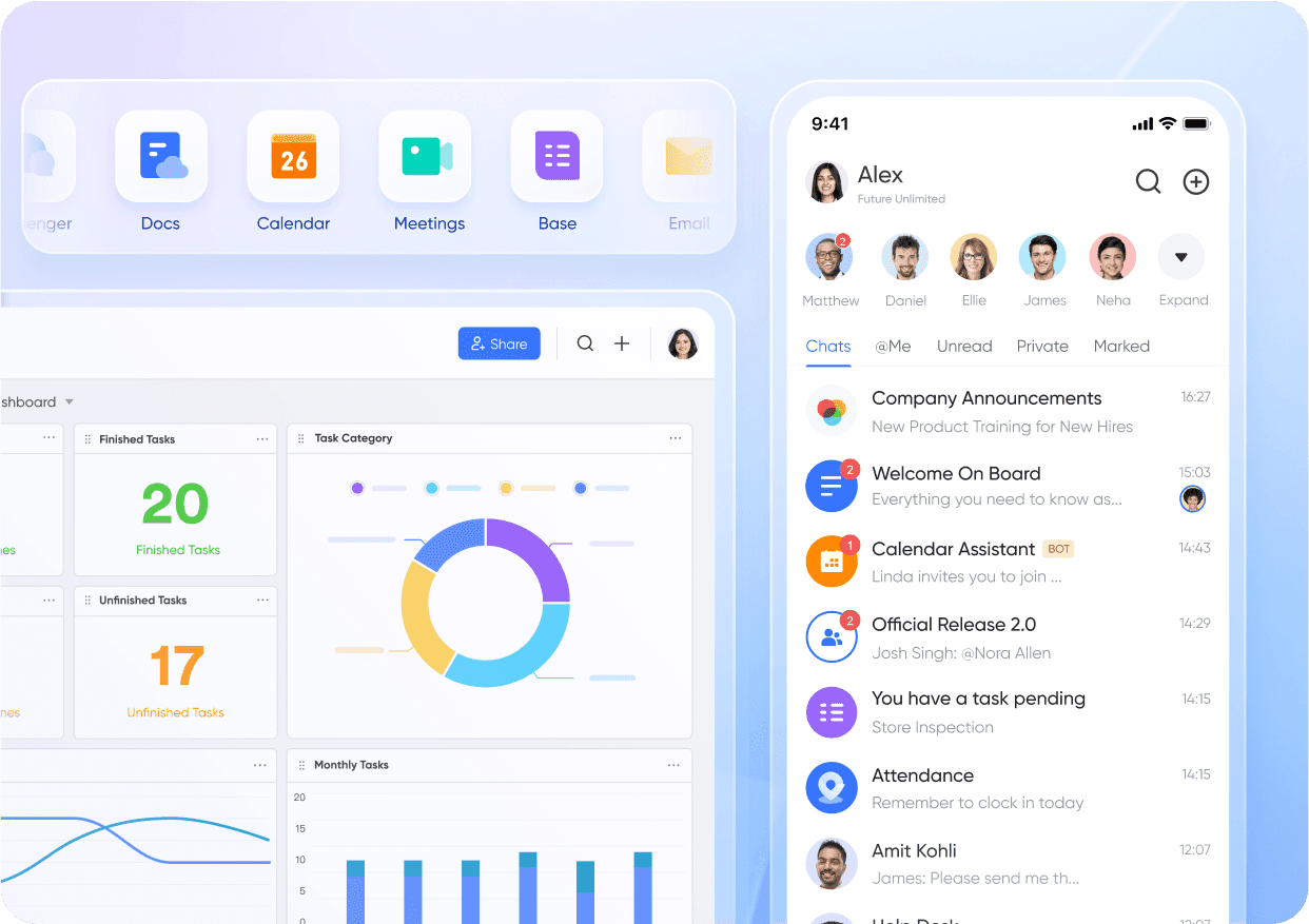 A graphic showing Lark's features, including its dashboard and mobile screens
