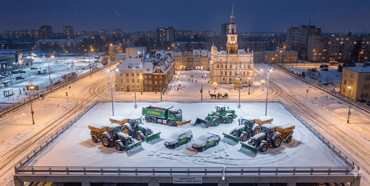 Flota KRBM – ciągniki i pługi do zimowego utrzymania obiektów, mechaniczne odśnieżanie parkingów i dróg, Poznań.
